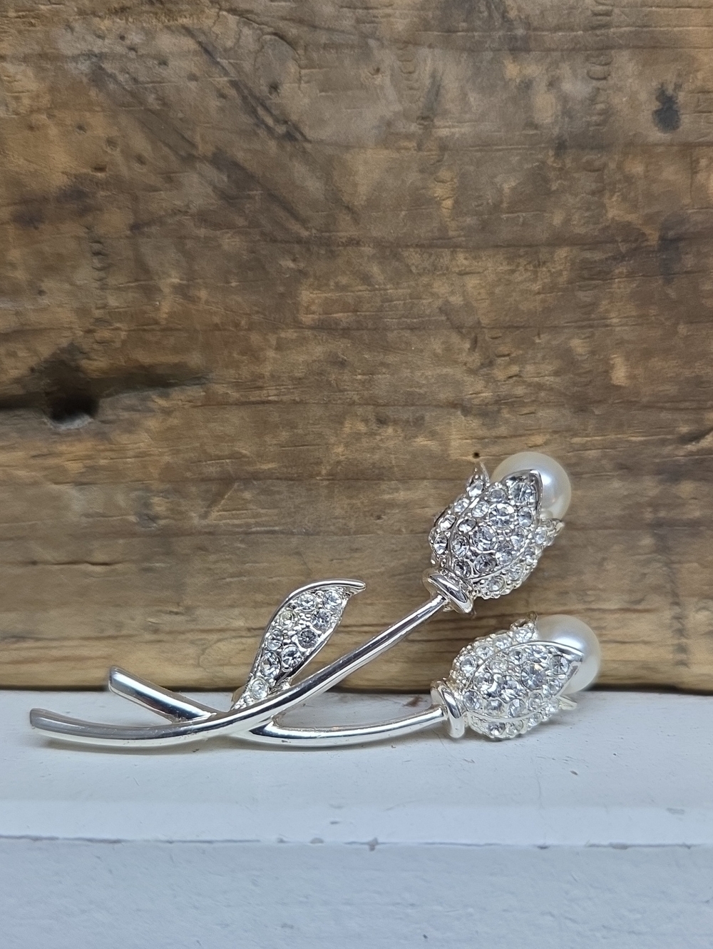Vintage Charter Club Silver Tone Twin Tulip Brooch with Clear Rhinestones Pearls